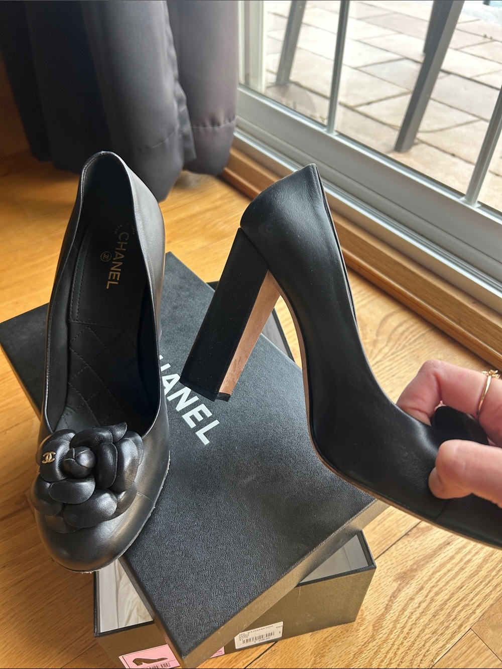 CHANEL Black Leather Camellia Detail Pumps - Picture 3 of 6